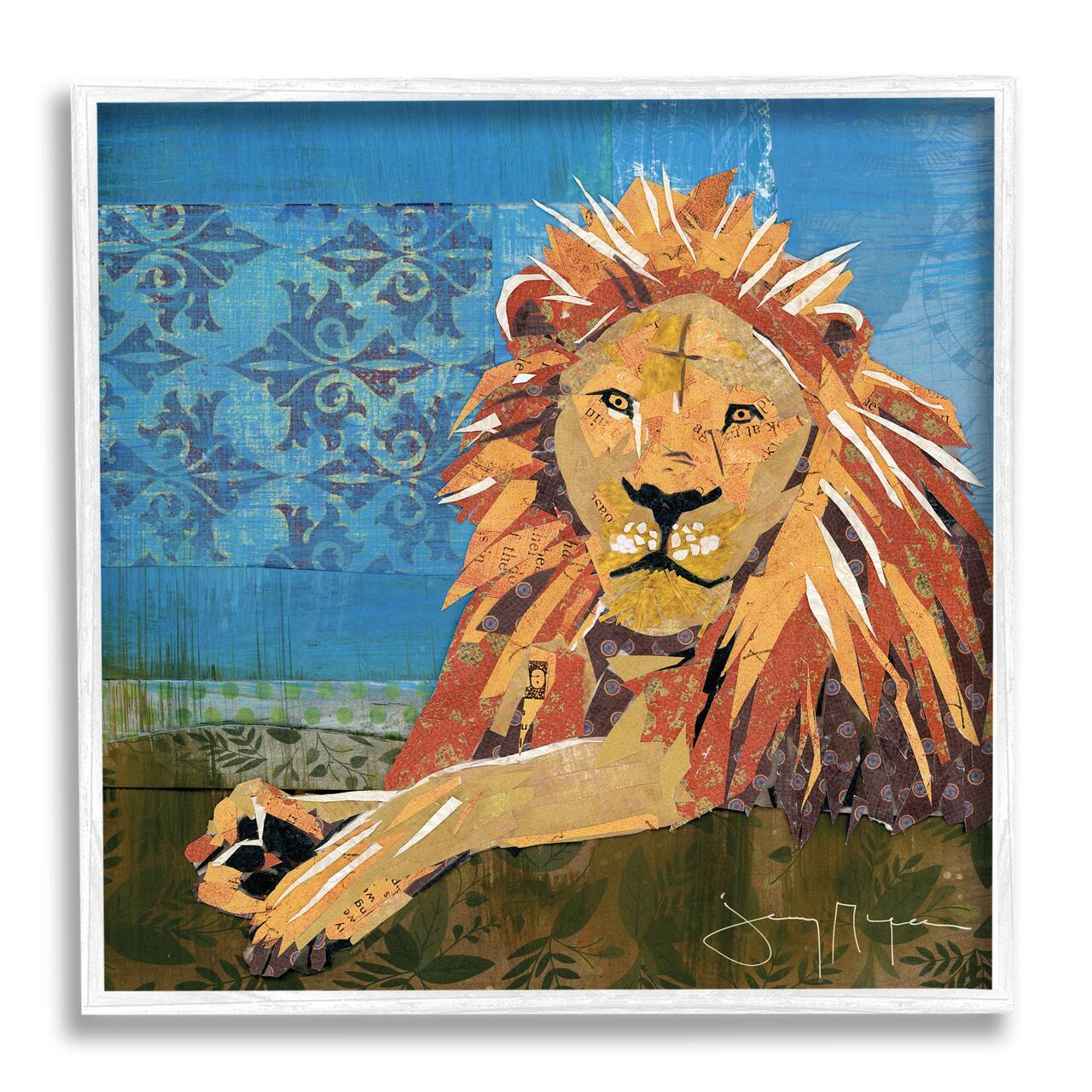 Stupell Industries Safari Lion Abstract Shape Collage Blue Orange in White Frame Wall Art